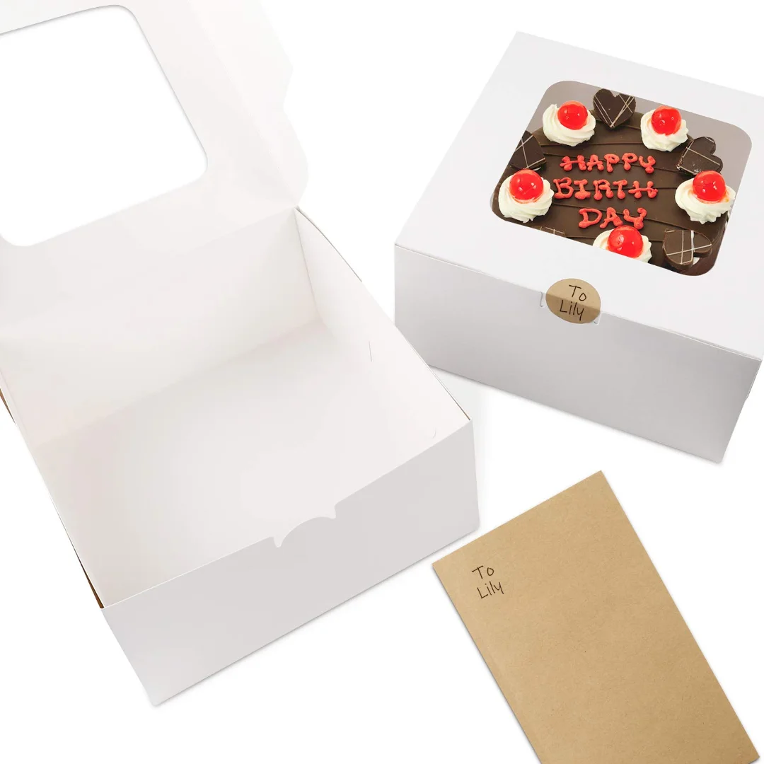 Window Cake & Bakery Box is standard in European and American bakeries. The transparent PVC window directly displays cakes/cupcakes. The white cardboard folding structure is used in supermarkets and bakeries.